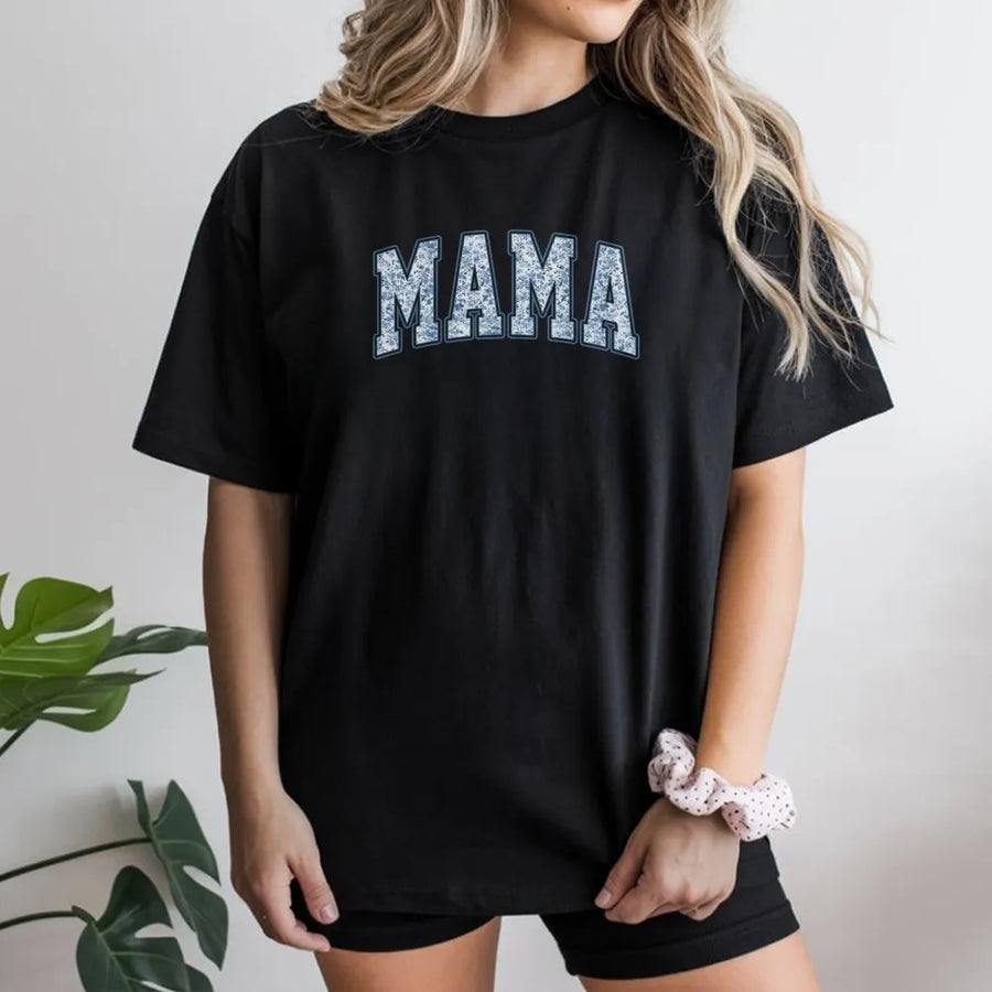 Mama T-Shirt | Toile Floral Varsity Print | 100% Cotton Premium Tee | Mother's Day 2026 Gift for Mom, Pregnancy Reveal, Cute Mom Life Clothing