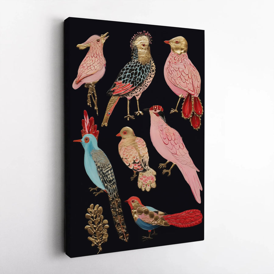 Exotic Bird Wall Art | Gold Leaf Botanical Canvas Print | Premium Gallery Wrapped Decor | Modern Maximalist Home Office Decor