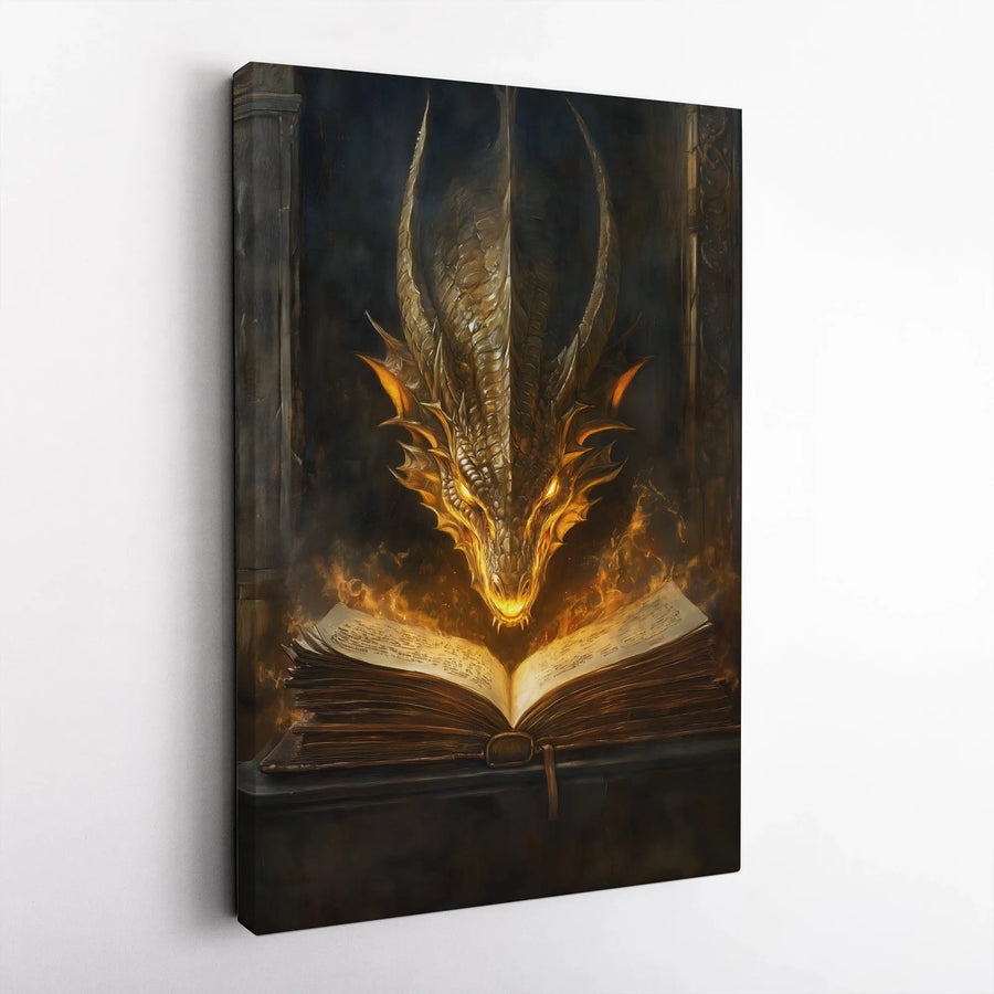 Golden Dragon Wall Art | Mystical Fiery Book Fantasy Print | Premium Gallery Wrapped Canvas | Epic Gift for Fantasy Lovers and Readers