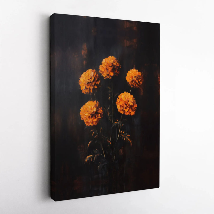 Moody Marigold Canvas Wall Art | Dark Floral Oil Painting Style | Premium Gallery Wrap Print | Elegant Home Decor Gift