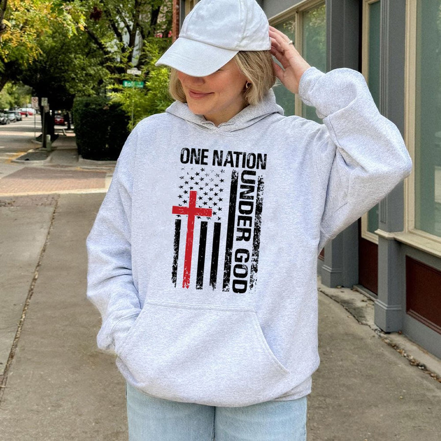 One Nation Under God Hoodie | Distressed USA Cross Flag Graphic | Premium Cotton Blend | Christian Patriotic Gift for Men and Women