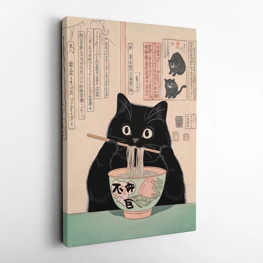 Black Cat Ramen Wall Art | Japanese Ukiyo-E Cat Print | Premium Gallery Wrap Canvas | Unique Kitchen Decor Gift for Cat Lovers