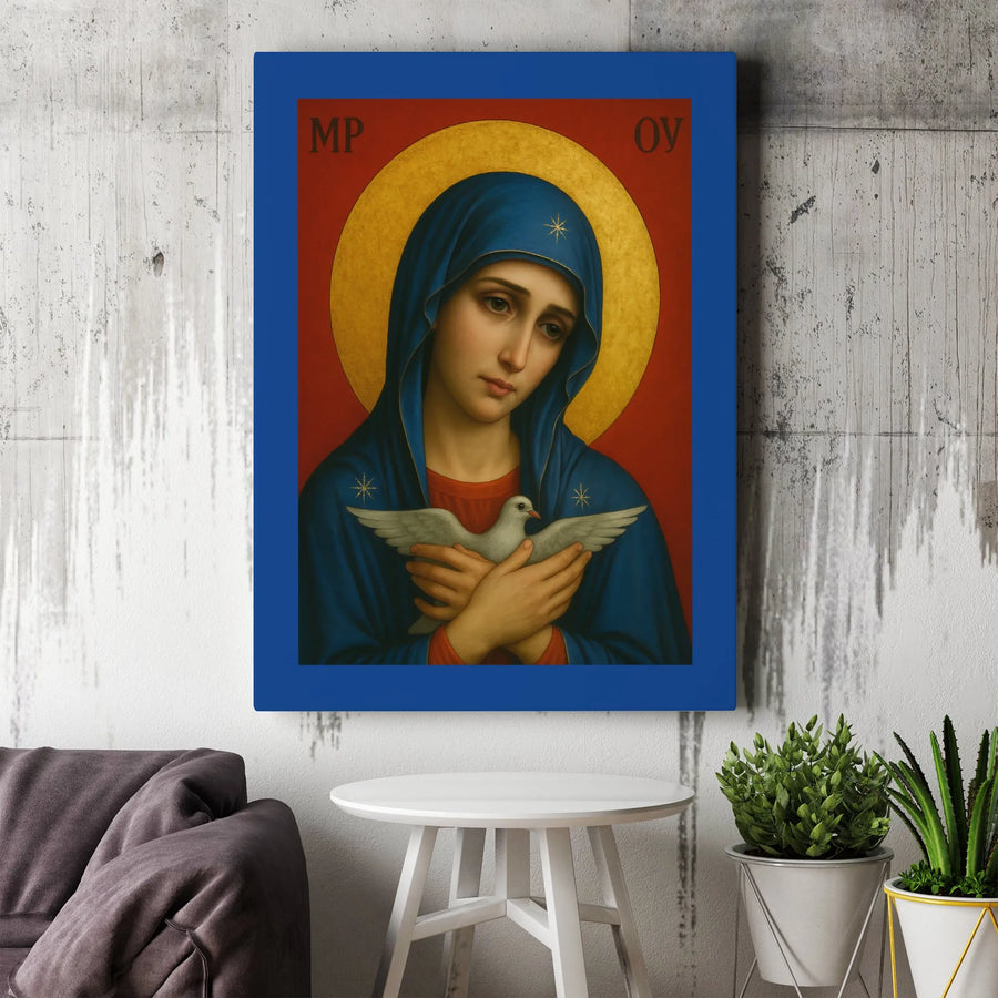 Virgin Mary Wall Art | Religious Icon Canvas with Holy Spirit Dove | Premium Gallery Wrapped Decor | Christian Home Gift for Faith & Prayer