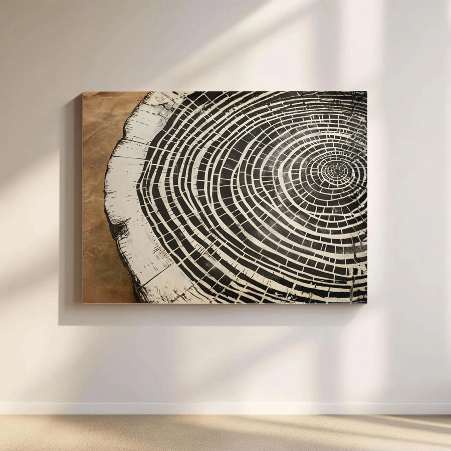 Abstract Tree Ring Wall Art | Monochrome Concentric Wood Grain Print | Premium Gallery Wrapped Canvas | Modern Minimalist Home Decor Gift
