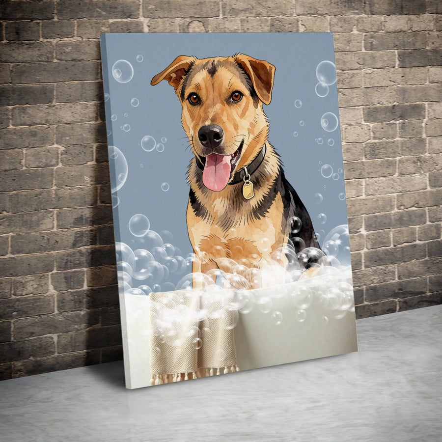 Dog Bathtime Canvas Art | Cute Bubble Bath Watercolor Illustration | Premium Gallery Wrap Canvas | Gift for Dog Lover, Pet Groomer Decor