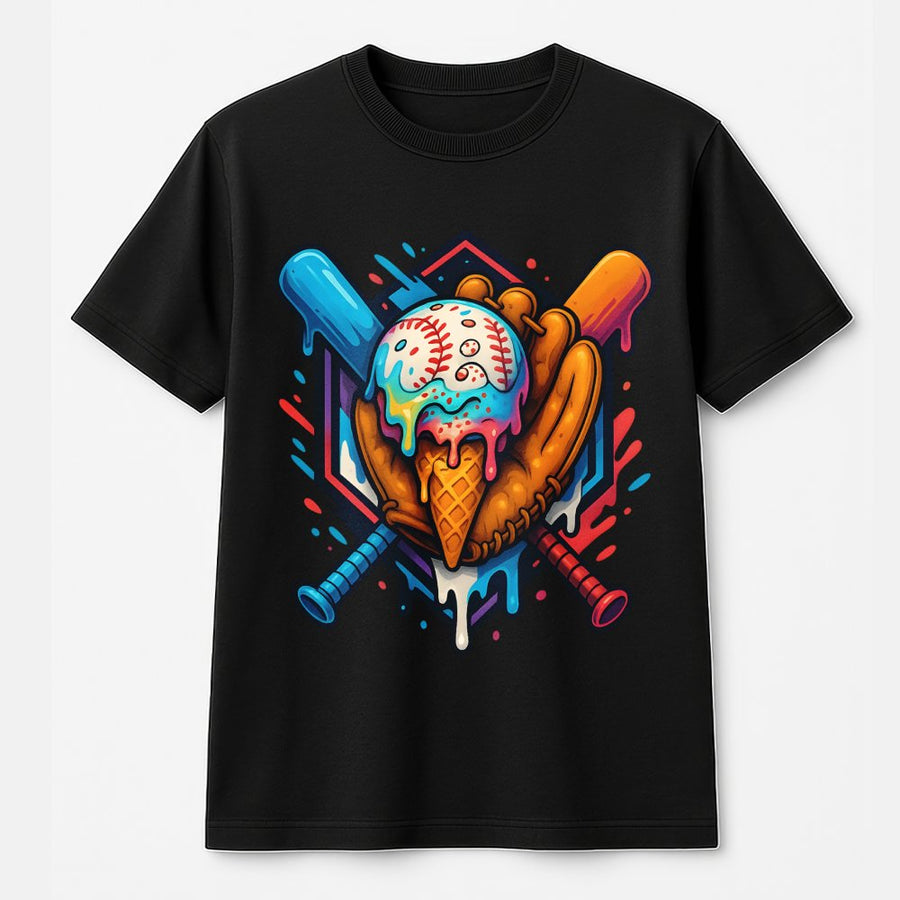 Baseball Ice Cream Drip T-Shirt | Colorful Sports Graphic Design | 100% Cotton Premium Tee | Unique Baseball Fan Gift for Adults and Kids