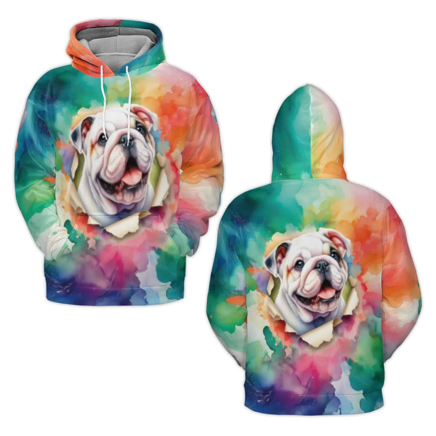 English Bulldog 3D Hoodie | Vibrant Watercolor Splash Art | Premium Brushed Fleece Pullover | Unique Dog Lover Gift for Men and Women