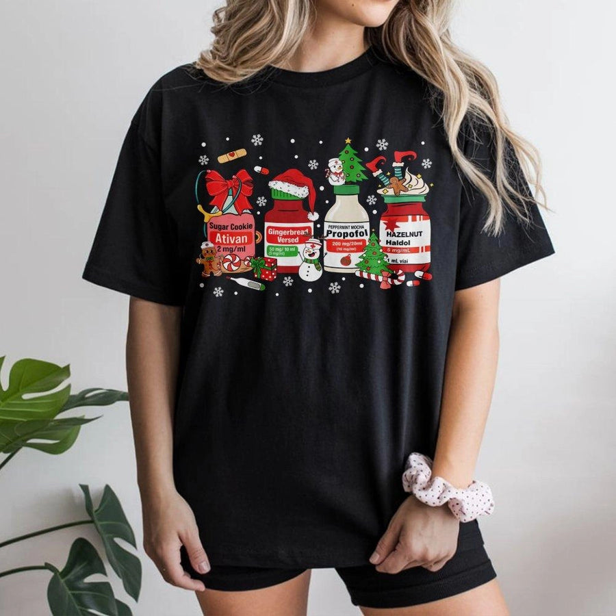 Christmas Nurse T-Shirt | Festive Medical Medication Vials Design | Premium Soft Cotton Tee | Funny ICU RN Gift For Holidays