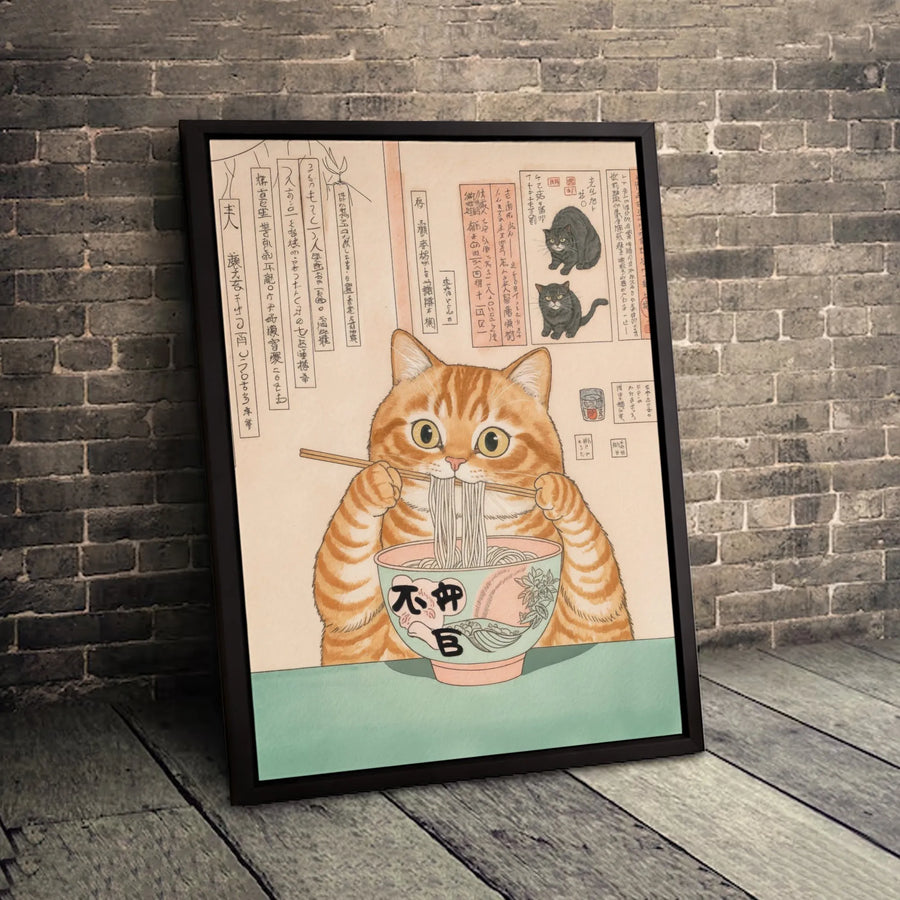 Japanese Ramen Cat Canvas Print | Vintage Ukiyo-e Orange Tabby Wall Art | 1.25 Inch Premium Gallery Wrap | Whimsical Kitchen Decor Gift
