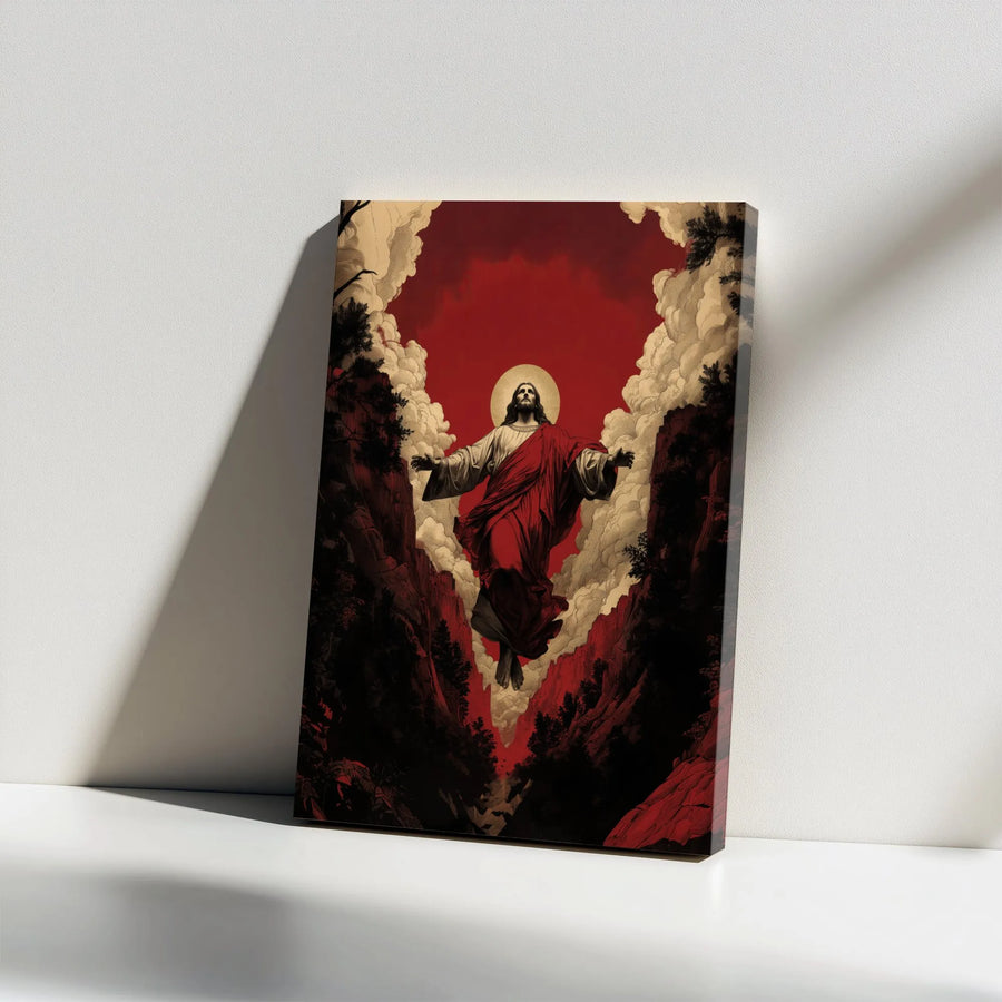 Jesus Ascension Canvas Wall Art | Dramatic Red Sky Christian Art | Premium Gallery Canvas | Christian Home Decor Gift