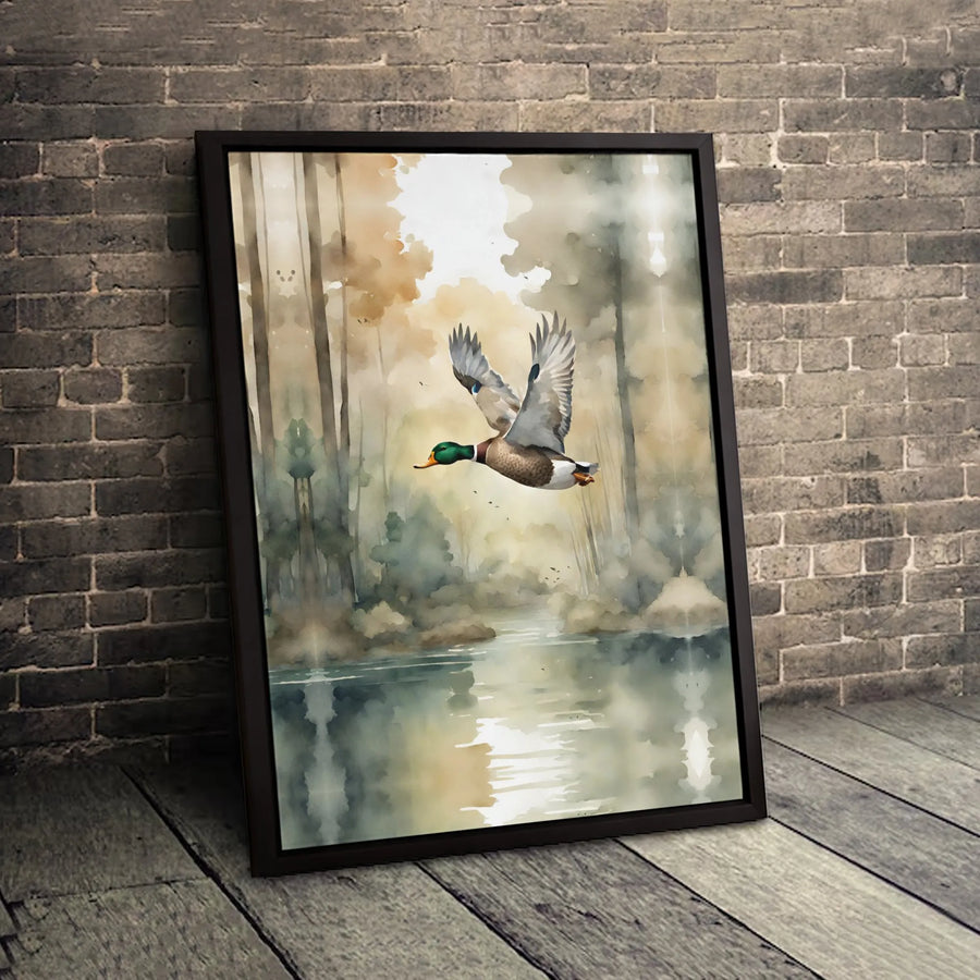 Mallard Duck Canvas Print | Misty Forest River Watercolor Art | 1.25 Inch Premium Gallery Wrap | Wildlife Home Decor Gift for Nature Lovers