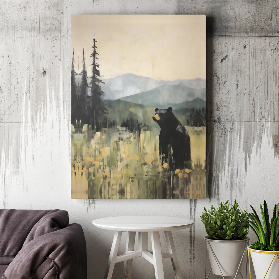 Black Bear Wall Art | Painterly Mountain Meadow Pine Forest Print | Premium 1.25-Inch Gallery Wrapped Canvas | Wildlife Nature Lover Gift