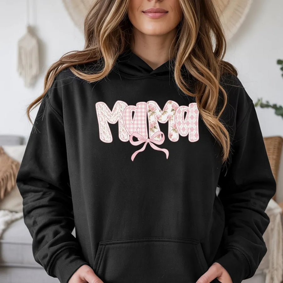 Mama Hoodie | Pink Floral & Gingham Quilt Style Letters | Cozy Crewneck Pullover | Premium Mother's Day Gift for New Mom