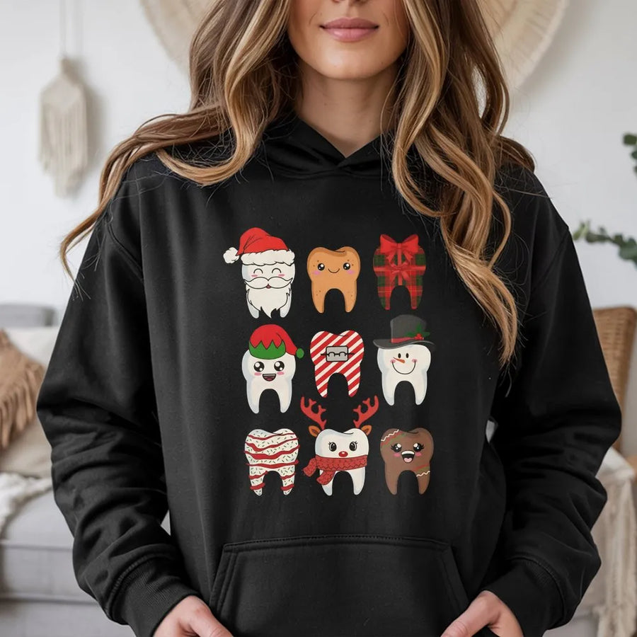Christmas Teeth Hoodie | Funny Dental Hygienist Holiday Apparel | Premium Cotton Blend | Gift for Dentist and Dental Assistant