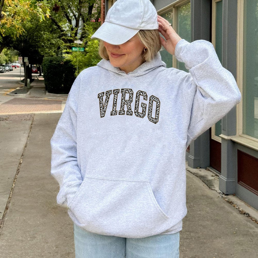 Virgo Zodiac Hoodie | Leopard Print Varsity Lettering | Premium Cotton Blend | Gift for Astrology Lovers and Birthday Zodiac Sign Enthusiasts