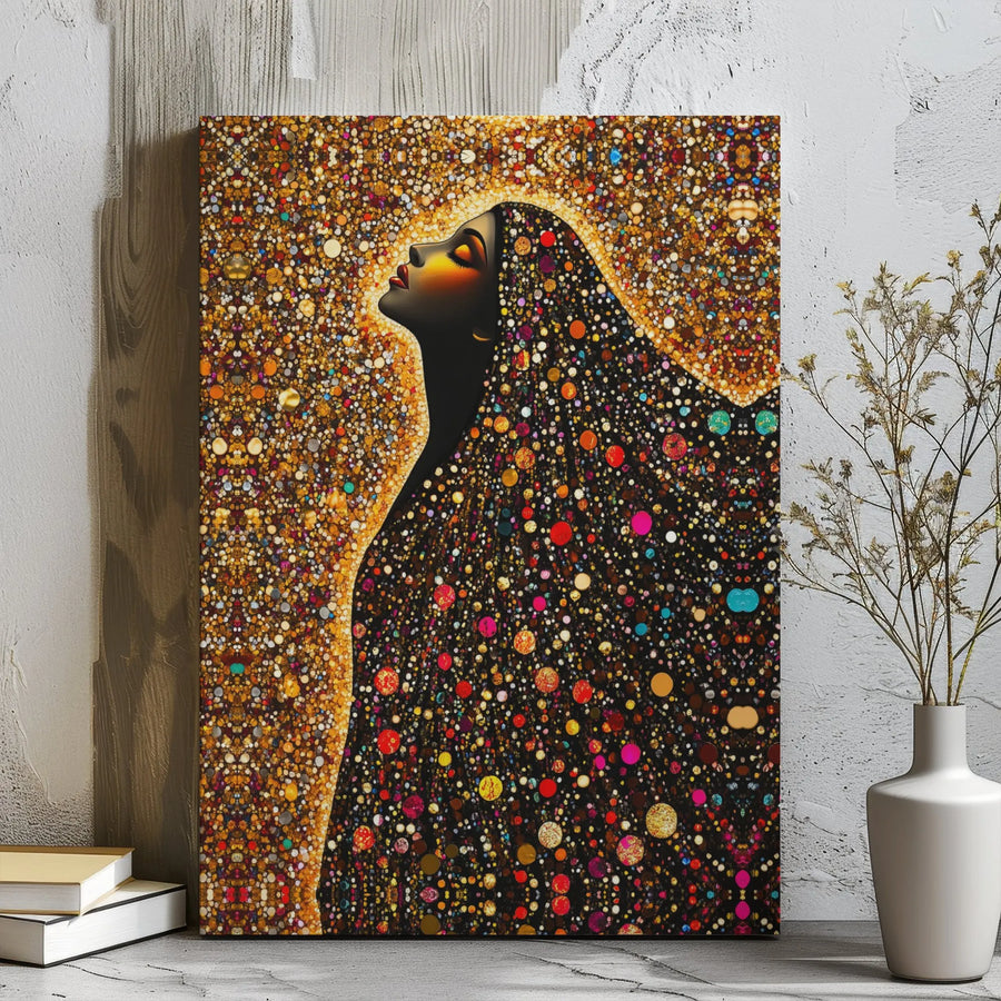Black Woman Art Canvas | Golden Mosaic Aura Portrait | Premium Gallery-Wrapped Print | Modern Afrocentric Wall Decor for Living Room