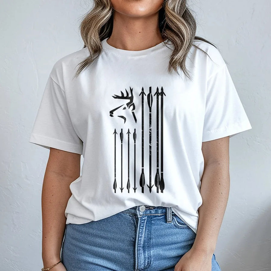 Hunting Arrow Flag T-Shirt | Distressed Deer Antler American Flag Graphic | Premium Cotton Unisex Apparel | Perfect Gift for Hunters and Outdoorsmen