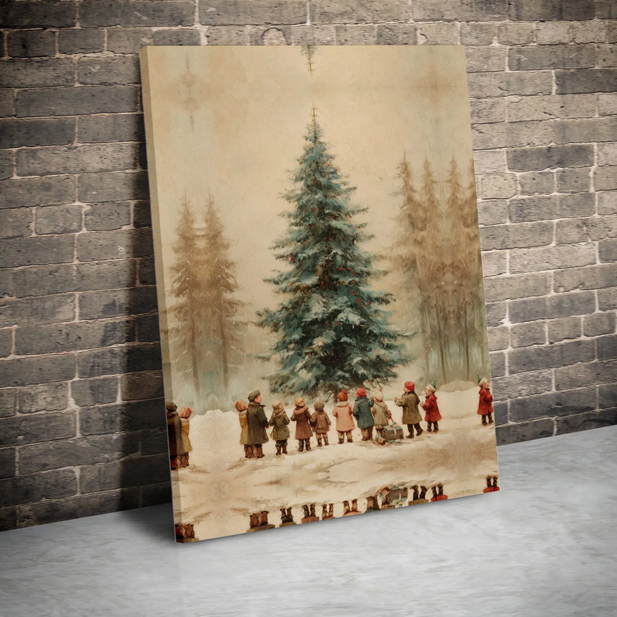 Vintage Christmas Tree Canvas Print | Children in Snowy Forest Artwork | 1.25-Inch Gallery Wrapped Wall Decor | Holiday Home Gift