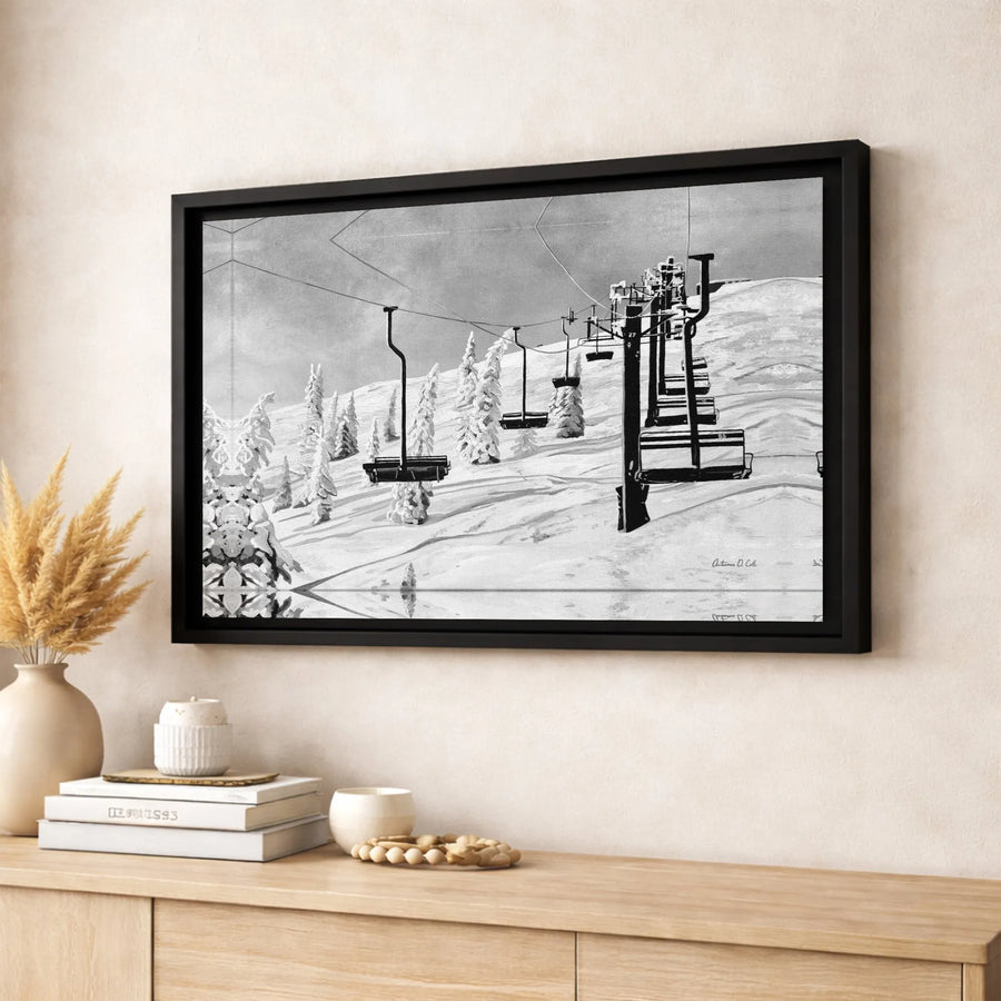 Ski Lift Wall Art | Black and White Snowy Mountain Landscape | Gallery Quality Canvas Print | Winter Sports Cabin Decor