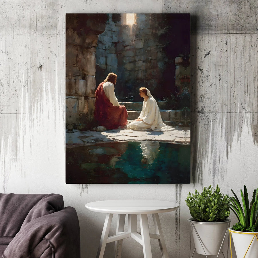 Jesus and Woman at the Well Canvas Art | Biblical Christian Wall Decor | Gallery Wrapped Premium Print | Spiritual Gift for Home or Church