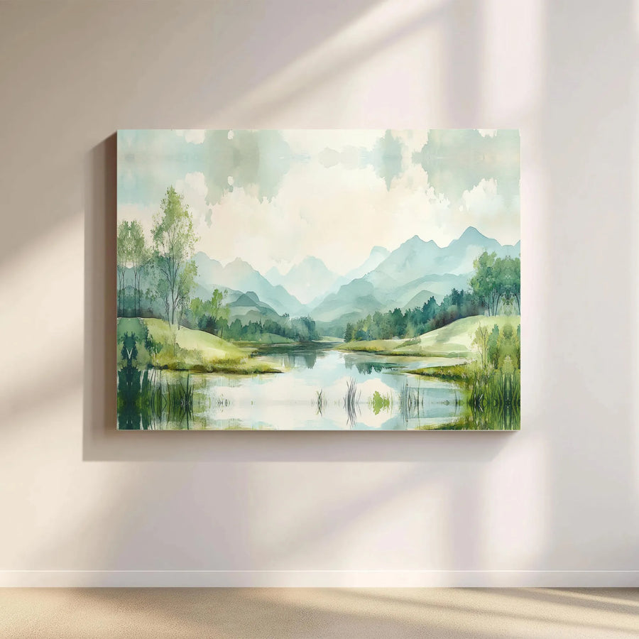 Watercolor Mountain Landscape Canvas | Serene Lake Wall Art | Gallery Wrapped Premium Print | Peaceful Nature Decor for Home or Office