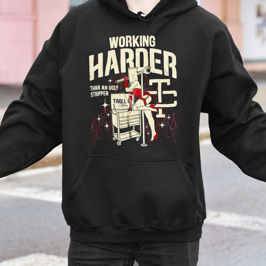 Working Harder Mechanic Hoodie | Funny Tool Graphic Sweatshirt | Premium Cotton-Blend Pullover | Gift for Blue Collar Worker
