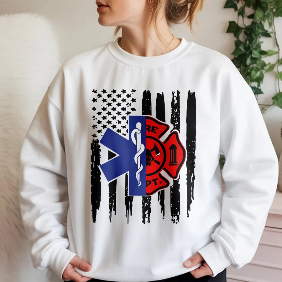 Firefighter EMT Sweatshirt | Distressed American Flag Maltese Cross Star of Life | Premium Cotton Blend | First Responder Hero Appreciation Gift