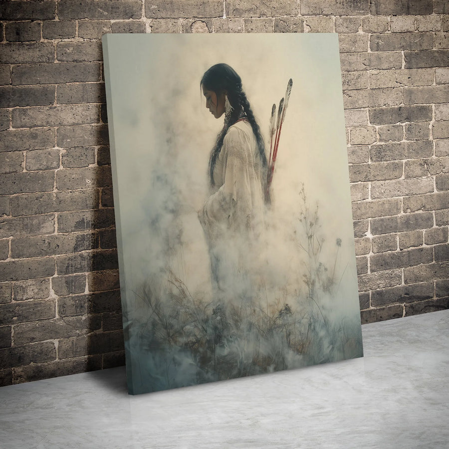Native American Woman Wall Art | Ethereal Portrait with Arrows in Mist | Premium Gallery-Wrapped Canvas | Western Home Decor for Living Room