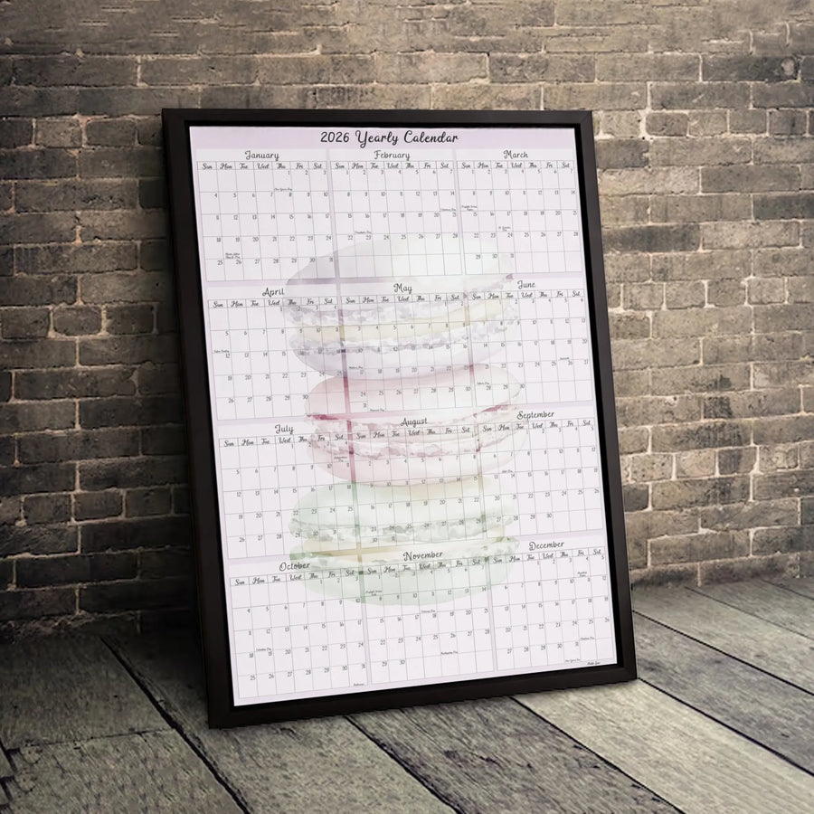 2026 Yearly Calendar Wall Art | Watercolor Macaron Pastry Print | Premium Gallery Wrapped Canvas | Kitchen Decor & Office Planner Gift