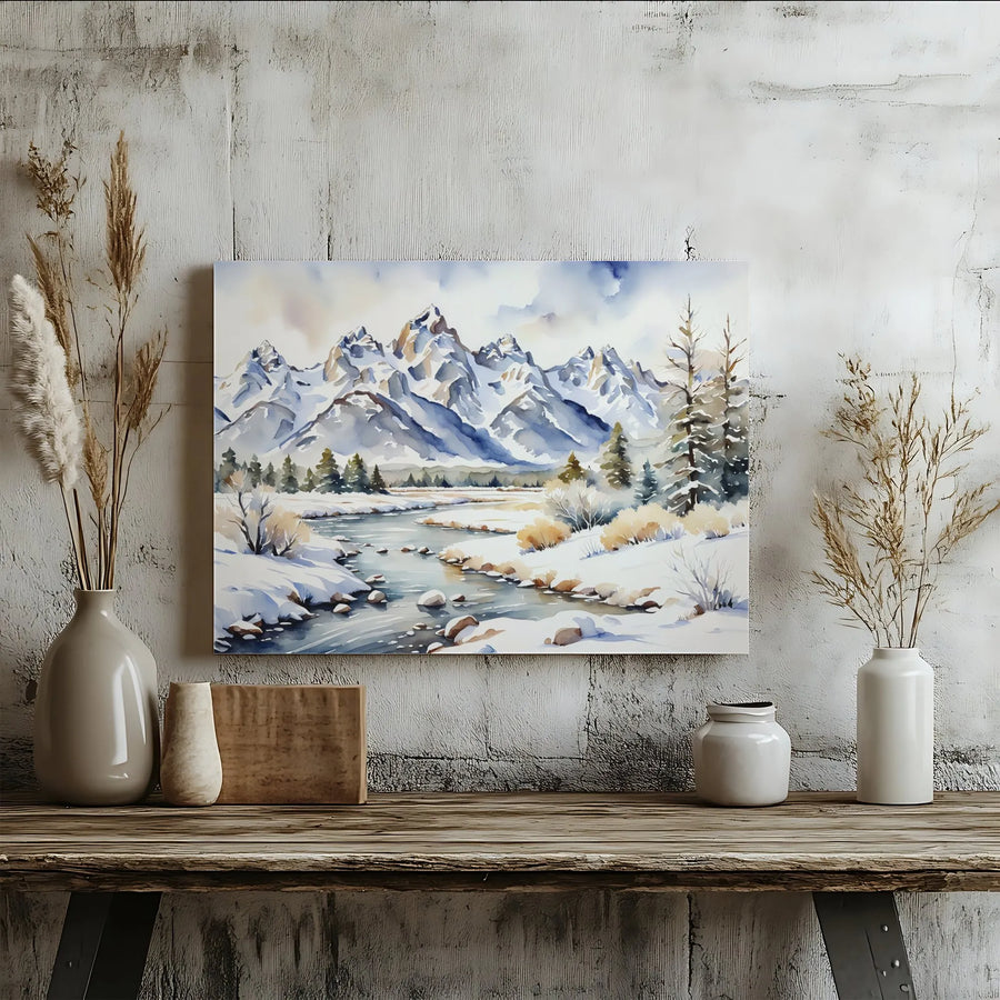 Winter Mountain Landscape Canvas | Watercolor Snow Scenery Art | Premium 1.25" Gallery Wrap | Nature Home Decor Gift for Cabin