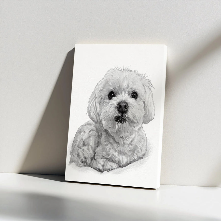 Maltese Dog Portrait Vertical Canvas | Realistic Black and White Pencil Sketch | Premium Gallery Style Wall Art | Gift for Dog Mom and Pet Lover
