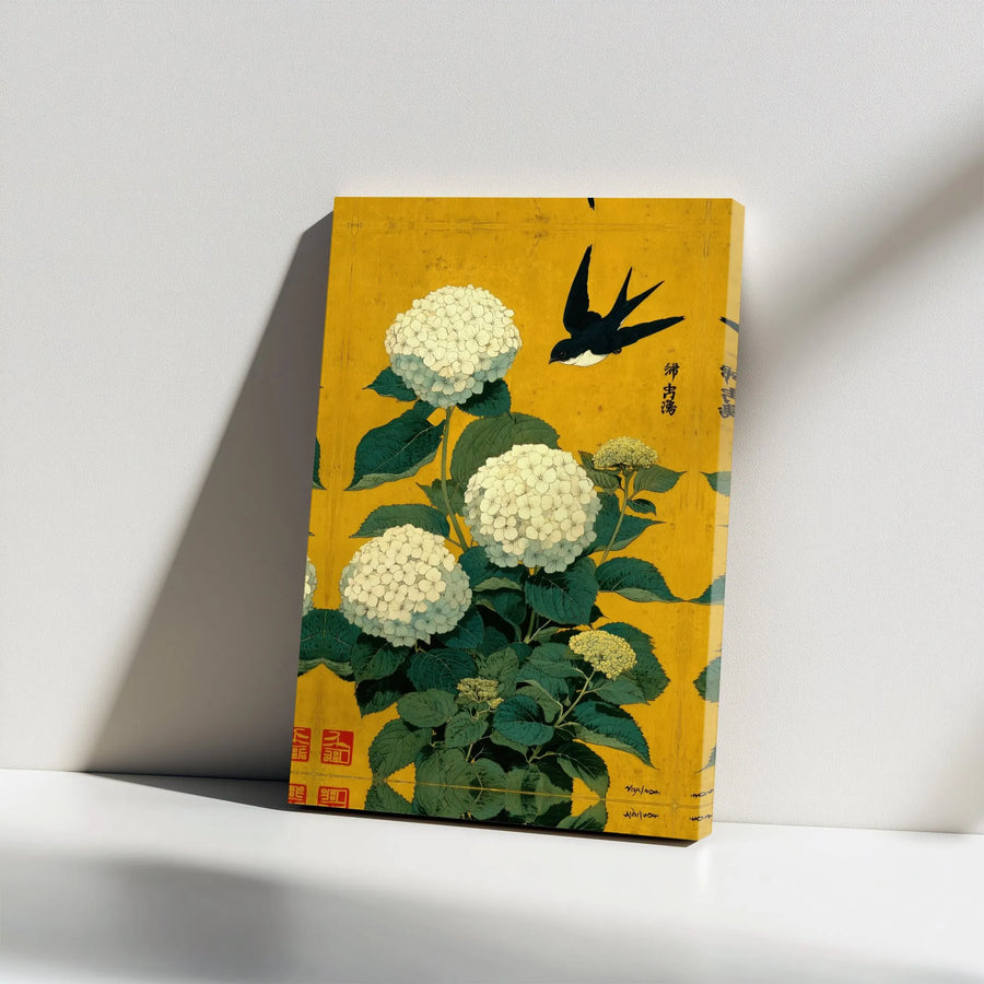 Japanese Floral Canvas Art | Hydrangea and Swallow Bird Print | Premium Gallery Wrapped Print | Asian Inspired Home Decor Gift