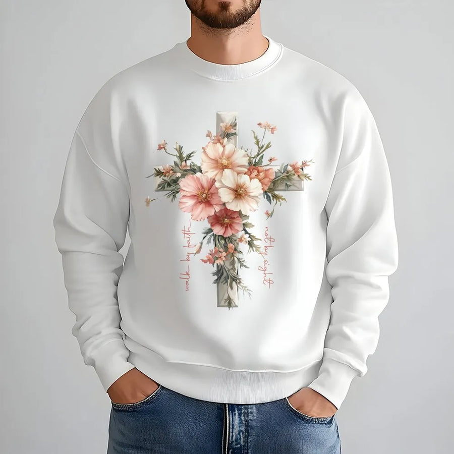 Jesus Floral Cross Sweatshirt | Walk By Faith Bible Verse Graphic | Premium Cotton Blend Christian Apparel | Religious Gift For Women