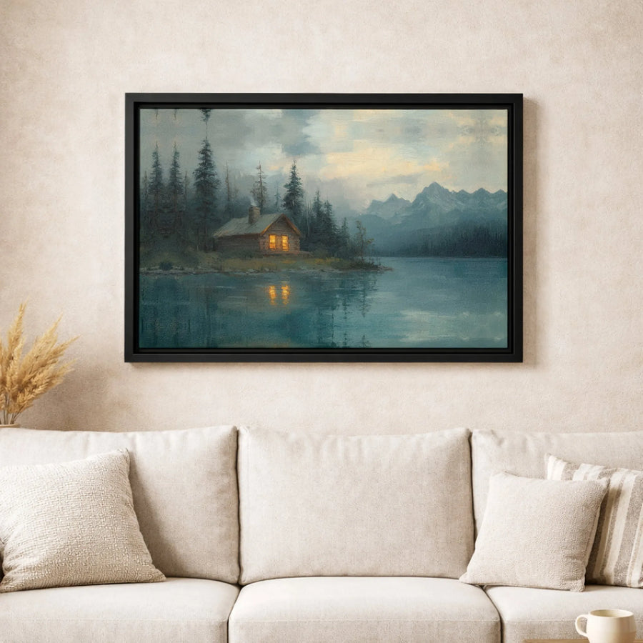 Log Cabin Lake Canvas Wall Art | Mountain Forest Landscape Painting | Premium Gallery Wrap Print | Rustic Home Decor Gift