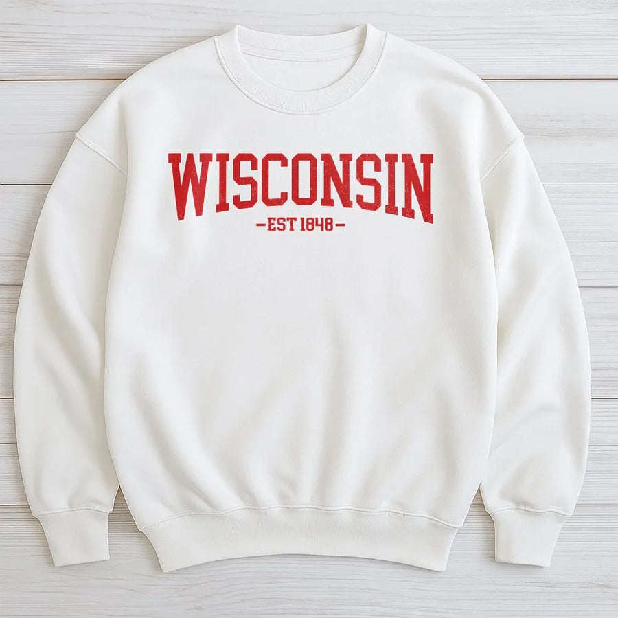 Wisconsin Sweatshirt | Retro Collegiate EST 1848 Graphic | Soft Cotton | State Pride Souvenir Gift for Men and Women