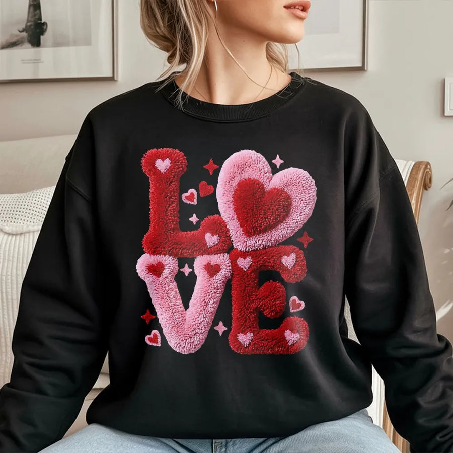 Love Sweatshirt | Textured Yarn Look Heart Graphic | Soft Cotton Blend Premium Fleece | Cute Valentine's Day Gift For Her Or Him