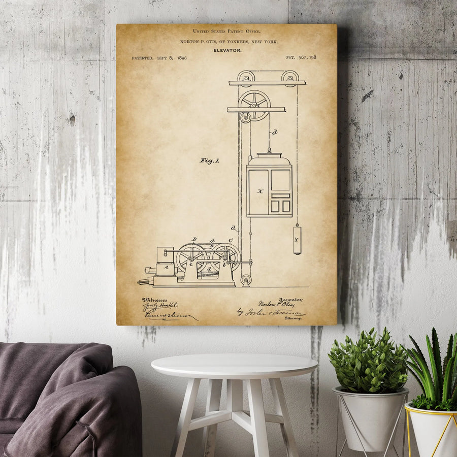 Elevator Patent Canvas Wall Art | Vintage 1896 Otis Blueprint Schematic | Premium Canvas Print | Collector's Gift for Engineer or Industrial Office Decor