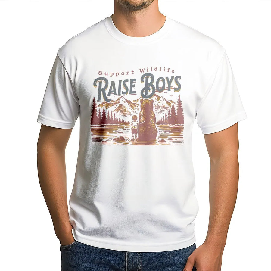 Support Wildlife Raise Boys T-Shirt | Funny Mama Bear Graphic Tee | Premium Cotton Comfort Colors Shirt | Nature Lover Gift for Mom