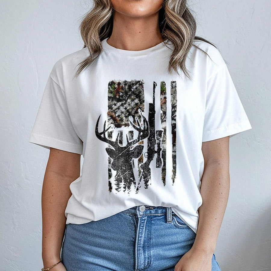 Deer Hunting T-Shirt | Camo American Flag Buck Graphic | 100% Cotton Premium Tee | Patriotic Gift for Hunters and Outdoorsmen