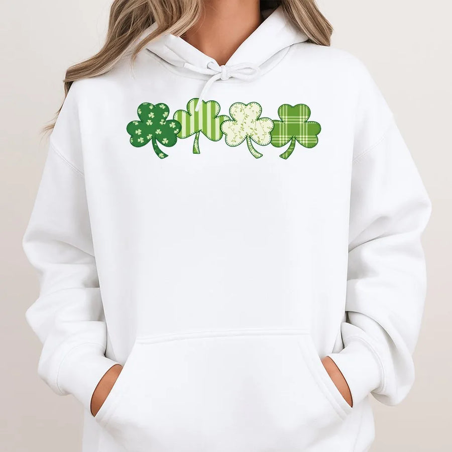 St. Patricks Day Hoodie | Faux Patchwork Shamrock Graphic | Premium Cotton Blend | Unisex Irish Gift for Parade and Party