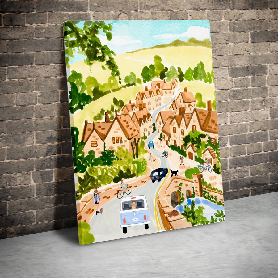 Cotswolds England Vertical Canvas | Watercolor English Village Painting | Premium Gallery Wrap Print | Living Room Wall Decor and Travel Gift