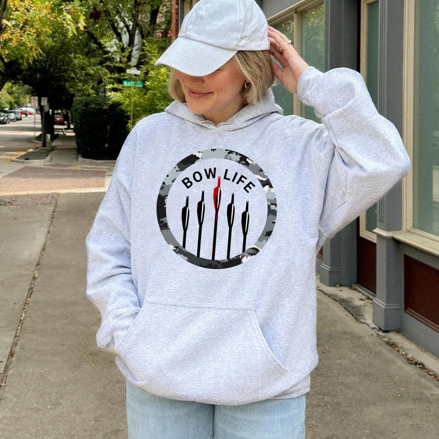 Bow Life Archery Hoodie | Camo Arrow Graphic Target Design | Premium Cotton-Poly Blend | Gift for Bow Hunters and Outdoor Enthusiasts