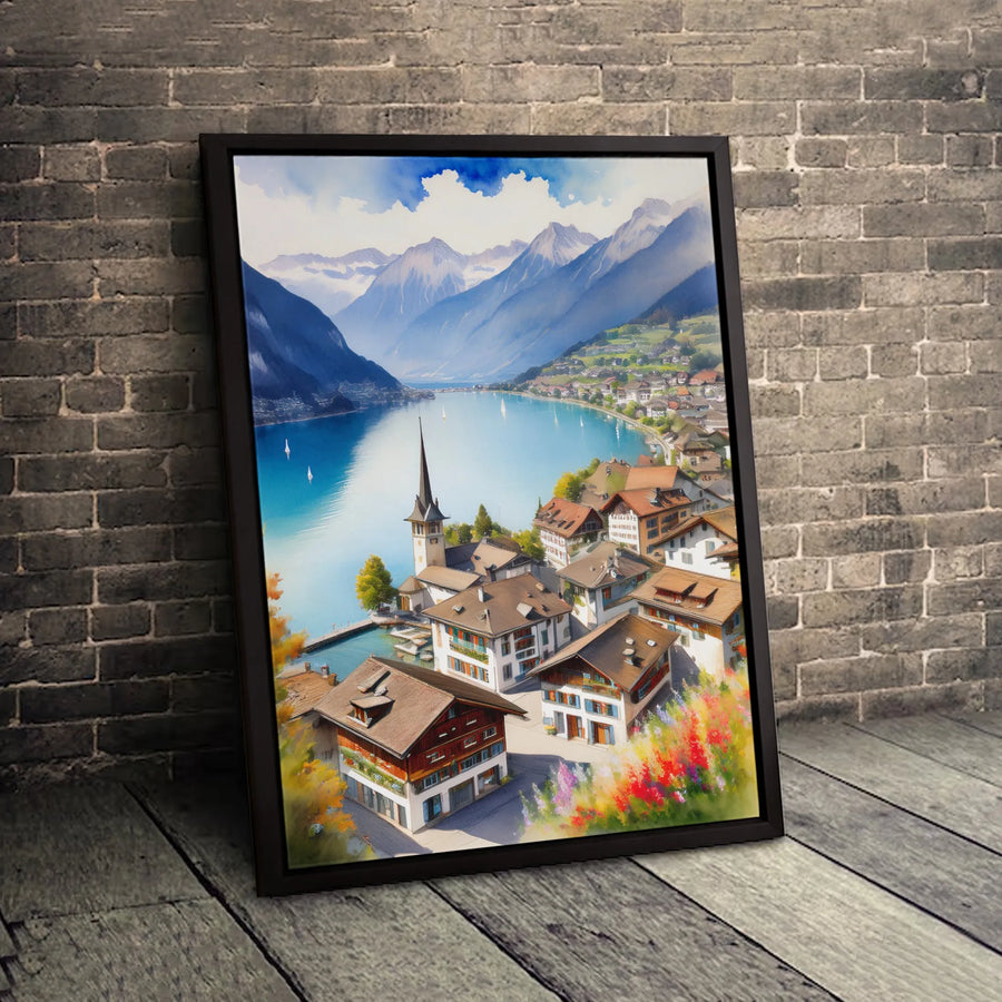 Swiss Alpine Village Canvas Wall Art | Watercolor Lake Mountain Landscape Print | Premium 1.25-Inch Gallery Wrap | Scenic Travel Home Decor Gift