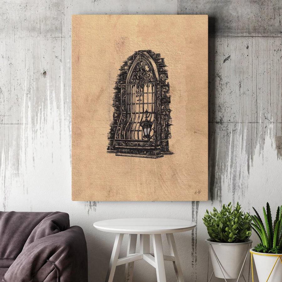Gothic Arched Window Canvas Wall Art | Vintage Wrought Iron Lantern Sketch | Premium Gallery Wrap Frame | Dark Academia Home Decor Gift