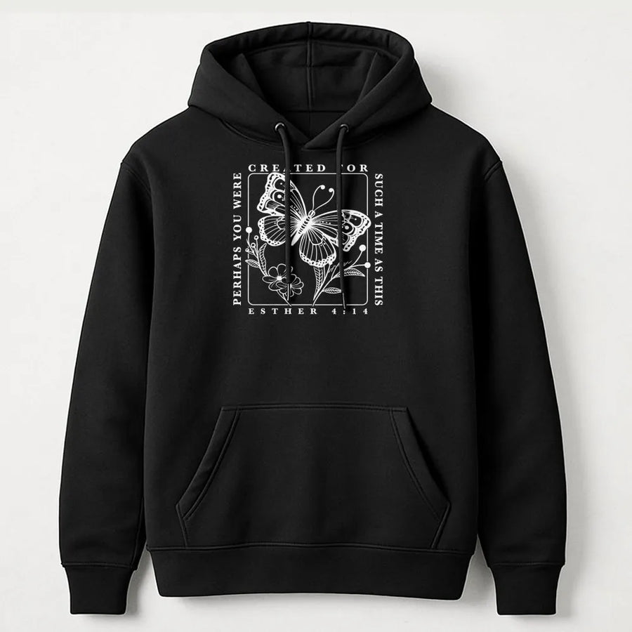 Esther 4:14 Hoodie | Created For Such A Time As This Butterfly Graphic | Premium Cotton Blend | Christian Gift For Women And Men