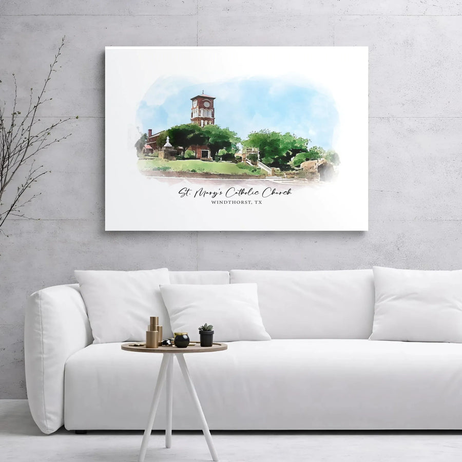 St. Mary's Catholic Church Windthorst TX Canvas Art | Watercolor Historical Building Print | Premium Gallery Wrap | Religious Home Decor Gift
