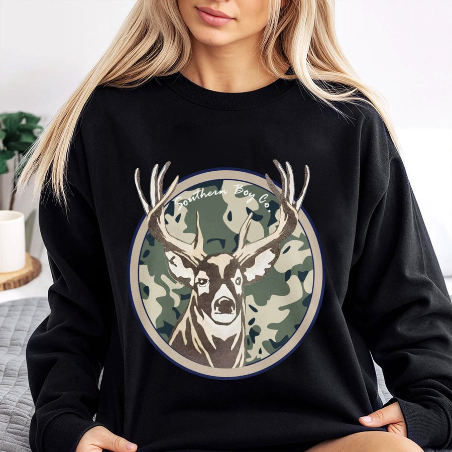 Deer Head Sweatshirt | Vintage Camo Circle Graphic | Premium Cotton Blend | Unisex Hunting Gift for Wildlife Lovers