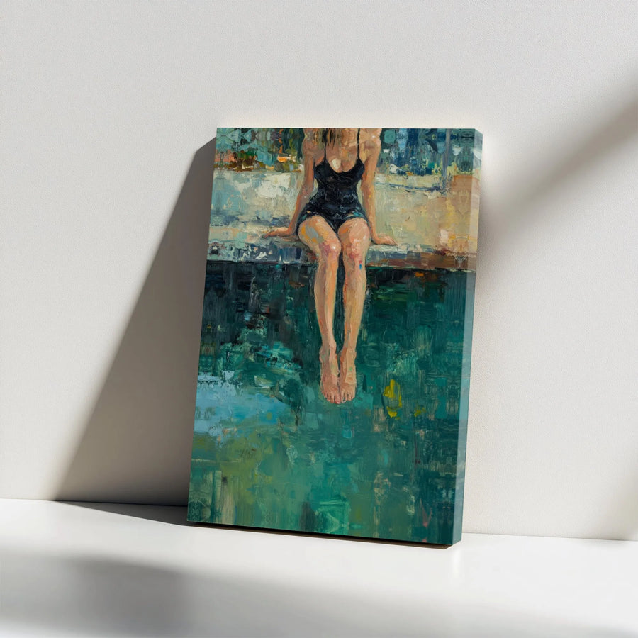 Impressionist Woman by Pool Canvas Print | Textured Oil Painting Style | 1.25" Premium Gallery Wrap | Sophisticated Modern Home Decor