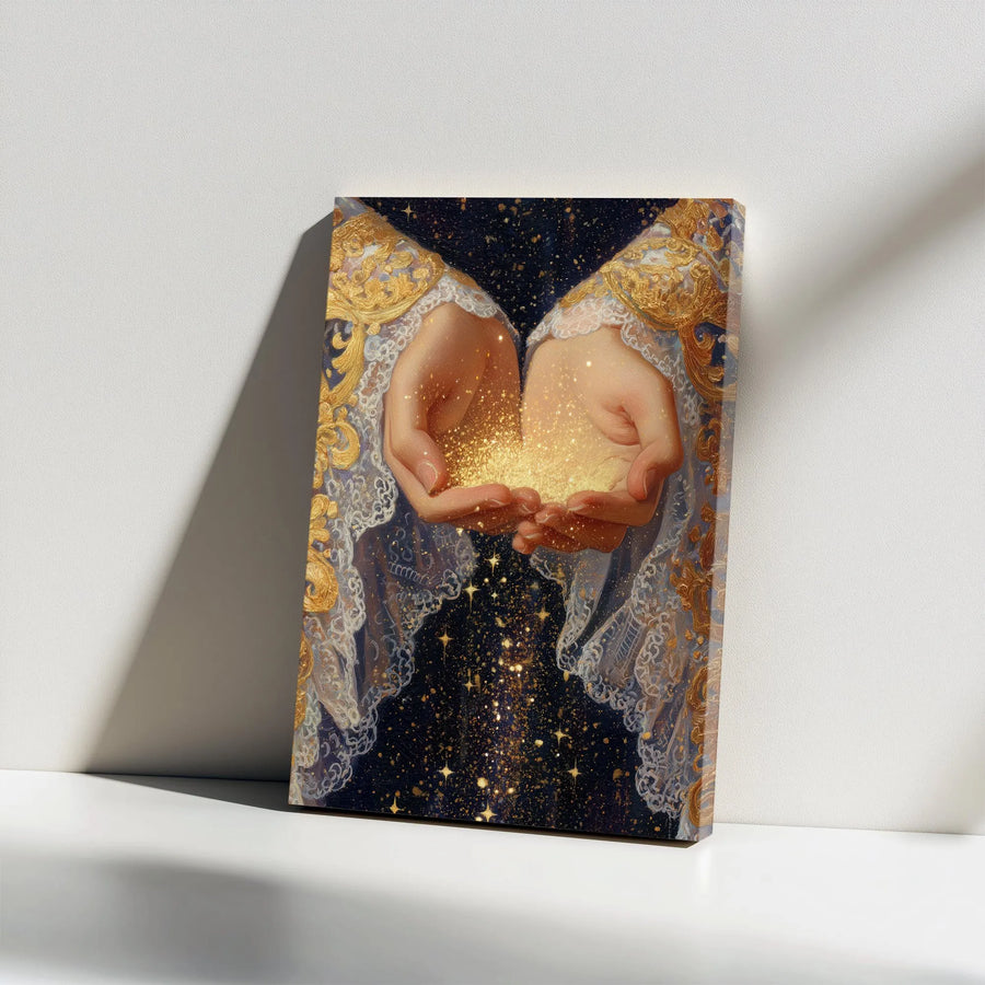Magical Stardust Canvas Print | Vintage Fantasy Art of Hands Holding Gold | Premium 1.25" Thick Canvas | Collector's Wall Art Gift for Her