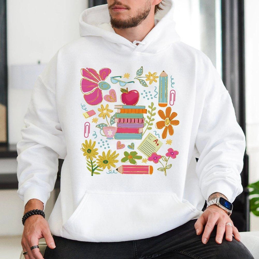 Boho Teacher Hoodie | Aesthetic Floral School Supplies Print | Premium Cotton Blend Sweatshirt | Cute Appreciation Gift for Educators